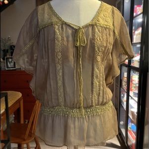 Aggie sheer taupe blouse with lace inset and trim